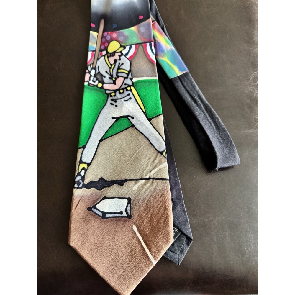 Robert Daskal Hand Sewn‎ Hand Painted SIGNED ART Deco Silk Necktie Baseball RARE
